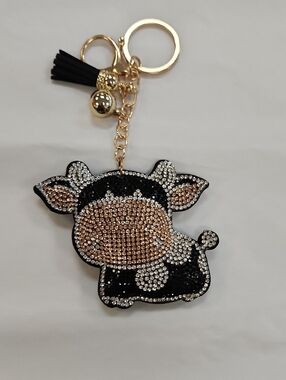 Rhinestone Cow Keychain Charm in Black & Rose Gold